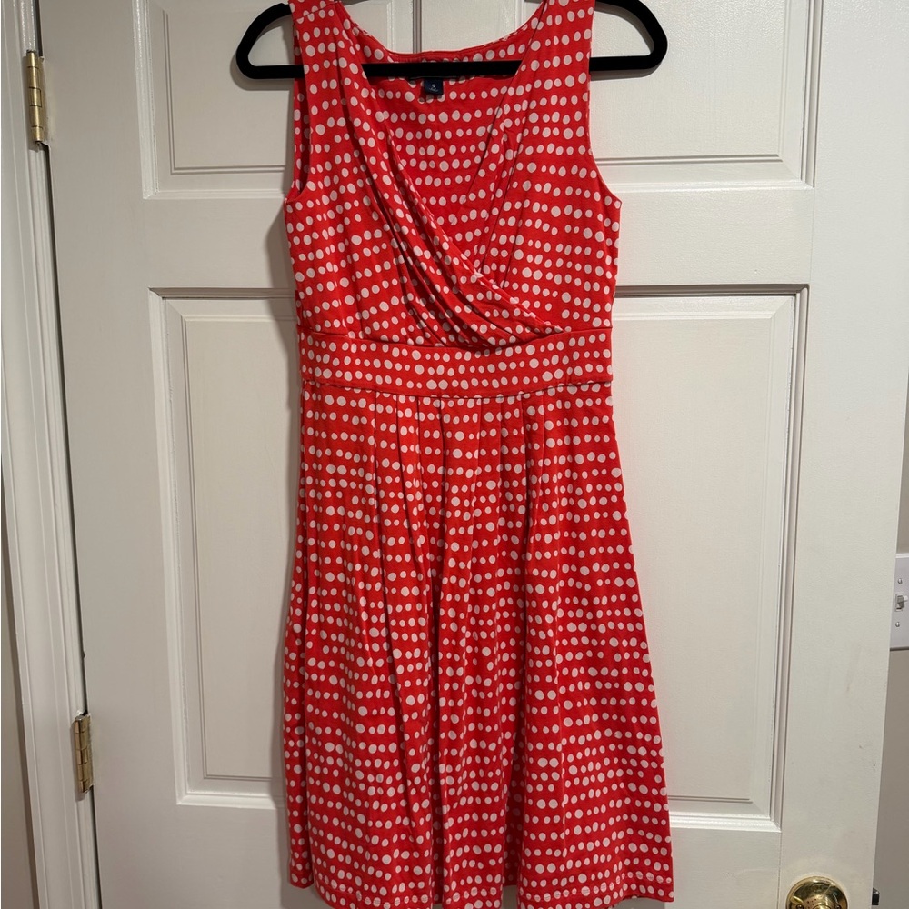 Lands' End Red and White Polka Dot Sleeveless Midi Dress